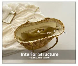 Internal structure of straw bucket bag showing main compartment and zipper pocket