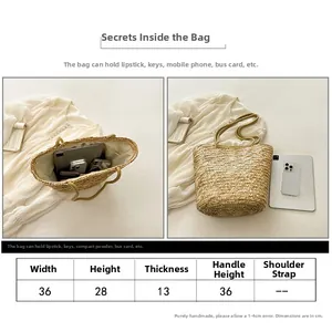 Detailed size chart for handmade woven straw shoulder bag with interior capacity view