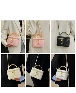 Quilted mini crossbody bag with metal handle shown in four colors on models