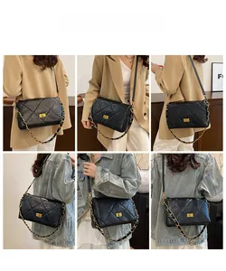Multiple views of a black quilted shoulder bag with gold chain strap on a female model