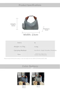 Detailed size specifications for denim pillow bag with measurements in centimeters