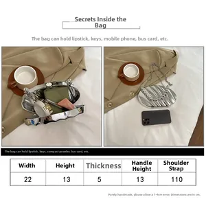 Size chart and capacity detail for the silver acrylic clutch with metallic texture