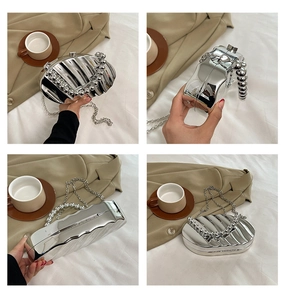 Detailed multi-angle views of silver acrylic evening clutch with wave texture and bead handle