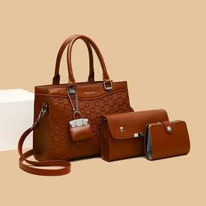 Brown leather women's 3-piece bag set with checkered embossing and round handles