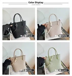 Collage di borse a secchiello in pelle intrecciata in nero, bianco, kaki e verde