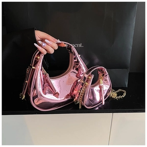 Pink patent leather hobo bag and mini chain pouch set with glossy mirror finish