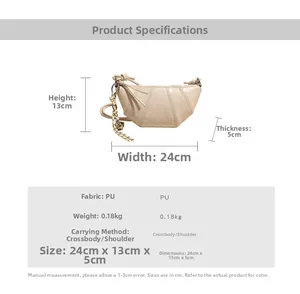 Beige crescent bag with dimensions 24x13x5cm and stylish knotted tassel detail