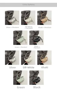 Quilted crescent crossbody bags in silver, cream, and green with metallic charms