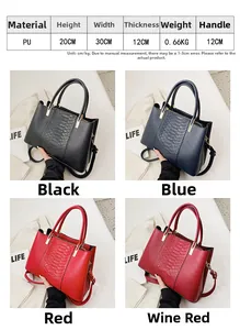 Detailed size guide for crocodile pattern tote bag with four color options shown