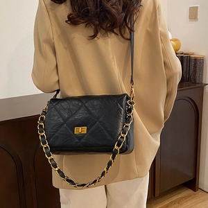 Quilted black leather shoulder bag with gold chain strap and square metal clasp for women