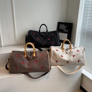 Women Travel Duffle Bag Canvas Cherry Embroidery Large Capacity Dry Wet Separation Weekend Tote Handbag
