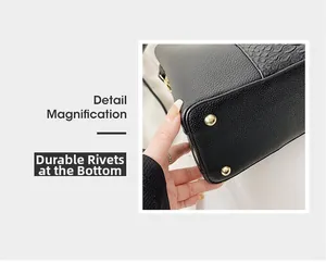 Detail of black tote bag showing crocodile texture trim and gold protective base studs