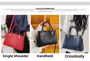 Detail showing three ways to carry the crocodile pattern tote bag in various colors