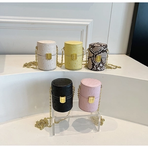 Mini sacs cylindriques en cinq styles texturés avec chaîne dorée et fermoir métallique