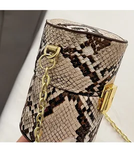 Gros plan du mini sac serpent avec bandoulière chaîne dorée et détails métalliques de luxe