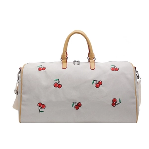 Minimalist canvas travel tote bag with cherry embroidery and leather handles