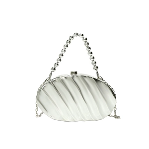 Silver metallic acrylic evening clutch bag with pleated texture and beaded handle