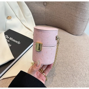 Détail d'un mini sac rose texture autruche avec fermoir doré et bandoulière chaîne
