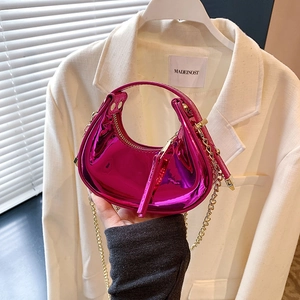 Mini metallic magenta patent leather crescent handbag with elegant gold chain strap