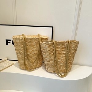 Straw Woven Tote Bag Summer Beach Vacation Handmade Shoulder Bucket Handbag Large Capacity Casual For Women