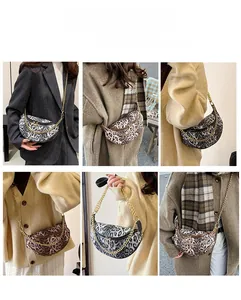 Detail shots of leopard print crescent bag showing various wearing styles and gold chain strap