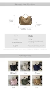 Fiche technique détaillée montrant les dimensions et six couleurs du sac en toile