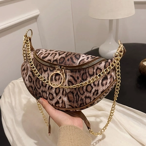 Vintage leopard print crescent bag with gold chain strap and textured faux fur finish