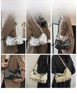 Collage showing sparkling sequin shoulder bag on model in silver, black and gold colors