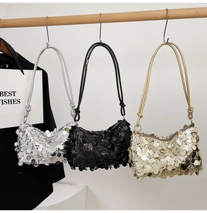 Detailed comparison of sequin shoulder bags in silver, black and gold with metallic shine