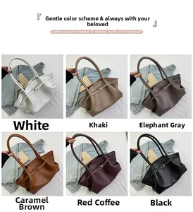 Collage showing six colors of minimalist litchi leather tote bags for commuting