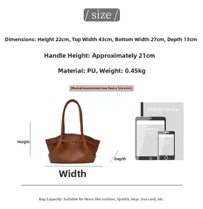 Detailed size guide for brown PU tote bag showing dimensions and capacity with A4 scale