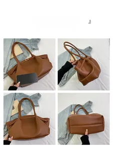 Multiple views of a large caramel brown pebbled leather tote bag with pleated details