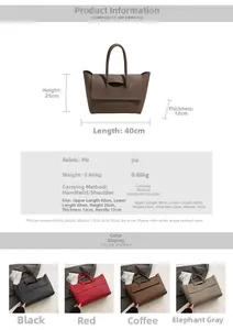 Detailed size specifications and material chart for the large PU leather tote bag