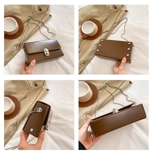 Detailed views of a brown retro square bag featuring silver chain and metal turn-lock