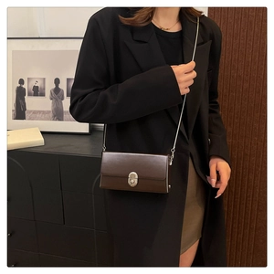 Detail of dark brown leather crossbody bag with silver chain strap and metal clasp
