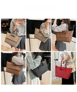 Multiple views showing a large tote bag in grey, brown, black, and red for daily commute