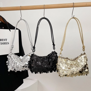 Sparkly Sequin Underarm Bag Women Vintage Fashion Shoulder Handbag Knotted Strap Zipper Closure Party Night Out