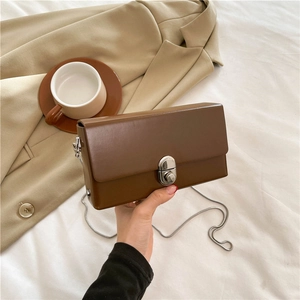 Minimalist dark brown leather chain bag with silver buckle in a stylish lifestyle setting