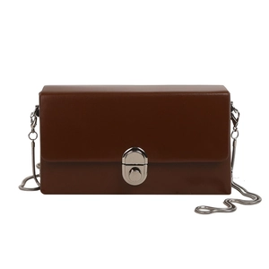 Retro dark brown rectangular chain shoulder bag with smooth matte leather and silver buckle