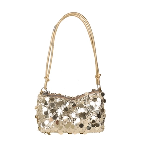 Champagne gold sequin underarm bag with zipper closure and knotted shoulder strap
