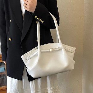 White pleated leather tote bag with gold buckle and large capacity for women