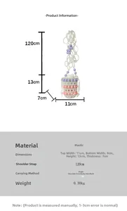 Tableau des tailles détaillé pour mini sac seau perlé avec dimensions et bandoulière