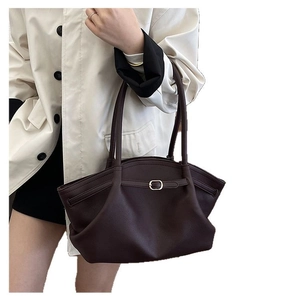 Large retro pleated leather tote bag in dark coffee color with metallic ring buckle