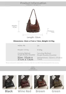 Tableau des tailles détaillé et options de couleurs pour sac à dos femme vintage large