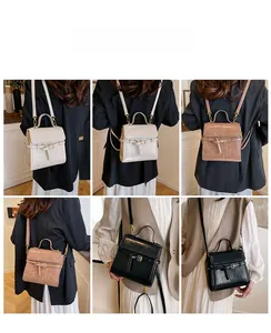 Collage of retro square crossbody bag showing handheld, shoulder, and backpack styles