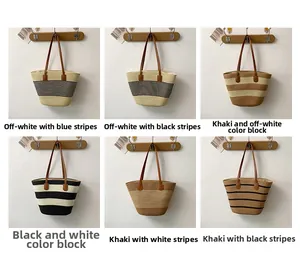 Collage of large woven straw tote bags in various stripe patterns and color combinations