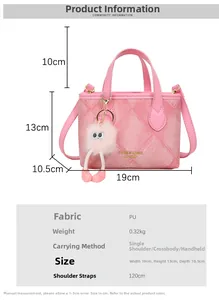 Detailed size chart for pink PU leather bucket bag with quilted design and charm