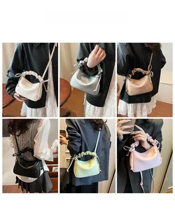 Collage of soft PU leather crossbody bags showing six colors with ruched handle details