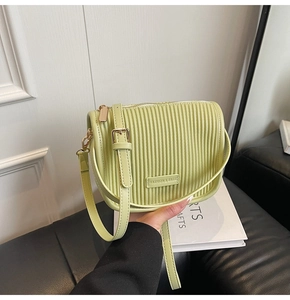 Close-up of pistachio green pleated bucket bag with golden hardware and fashion logo
