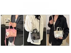 Detailed view of quilted bucket bags in pink, grey, and cream with plush charms